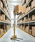 Heavy Duty 60 Or 80 Kg Lifting Jack For Warehousing And Material Handling lifting boxes in a warehouse aisle on a portable trolley.