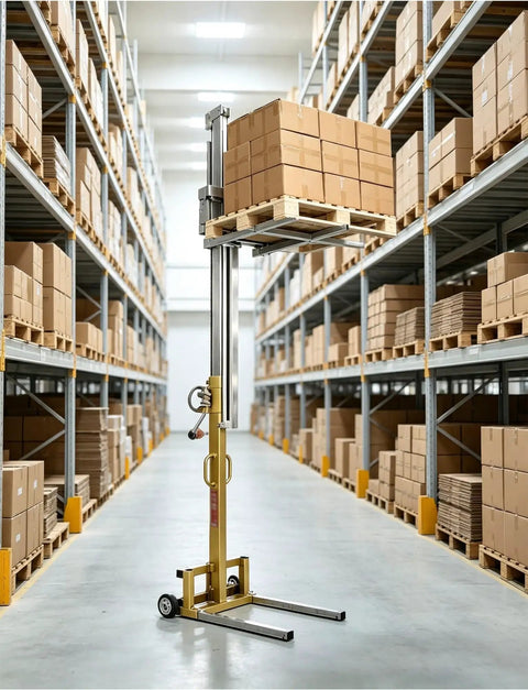 Heavy Duty 60 Or 80 Kg Lifting Jack For Warehousing And Material Handling lifting boxes in a warehouse aisle on a portable trolley.