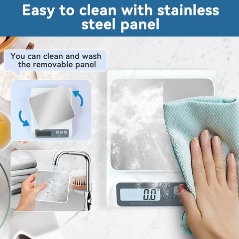 0.1g Precision Digital Kitchen Scale For Meal Prep And Calorie Counting, stainless steel platform being cleaned