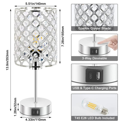 Crystal Bedside Lamp With Touch Control And USB C And USB A Ports 3 Way Dimmable Modern Table Lamp with dimensions and features