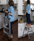 Lightweight Aluminum 3 Step Ladder With Wide Non Slip Steps Foldable Stepladder For Kitchen Pantry Closets And Home Office Space Saving Indoor Use Handy Portable Step Stool Durable Silver Finish in kitchen