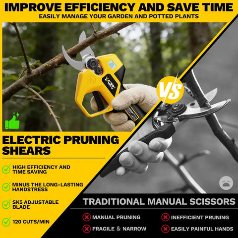 Brushless Electric Pruning Shears Cordless Garden Power Tool With LCD Display And SK5 Blades vs Manual Scissors in use