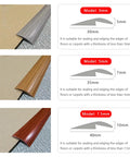 Image showing different models of floor transition strips with dimensions and usage descriptions, including 10ft Self Adhesive Floor Transition Strip For Carpet To Vinyl And Laminate Edges, Threshold Reducer Cover, Doorway Ramp With 4 To 5mm Height And 7mm Rise, 35mm Wide, Easy Install, Durable Edge Trim No Fuss.
