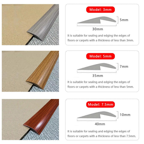 Image showing different models of floor transition strips with dimensions and usage descriptions, including 10ft Self Adhesive Floor Transition Strip For Carpet To Vinyl And Laminate Edges, Threshold Reducer Cover, Doorway Ramp With 4 To 5mm Height And 7mm Rise, 35mm Wide, Easy Install, Durable Edge Trim No Fuss.