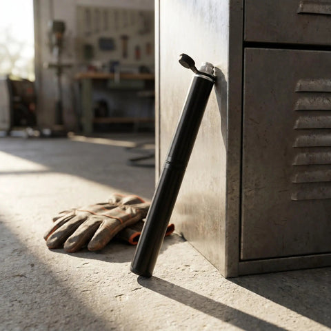 Manual Hand Wax Injector Pump With Leak Free Air Supply leaning against a metal cabinet in a workshop setting