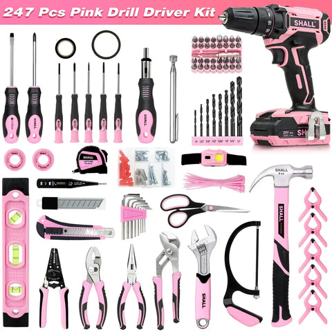 Pink 247-Piece 20V Cordless Drill Kit With Driver Bits And 14 Inch Storage Bag For Women DIY set, including various tools and accessories.