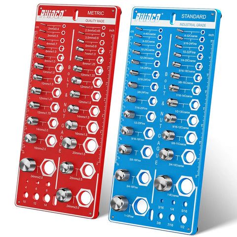 62 Nut And Bolt Thread Checker Gauge With Standard And Metric Sizing, red and blue boards showing various size gauges for quick repairs