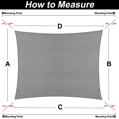 How to measure guide for Six By Eight Foot Rectangle Sun Shade Sail Canopy For Outdoor Patio And Garden UV Block 96 Percent Breathable Fabric 185 GSM Heavy Duty Shade Cloth Not Waterproof Gray Customizable