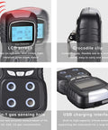 Portable 4 In 1 Gas Detector Monitor With Digital LCD Display Rechargeable Gas Meter Tester Analyzer Four Alarm Modes Voice Sound Light Vibration Alarm Compact Black showing LCD, crocodile clip, gas sensing hole, USB charging