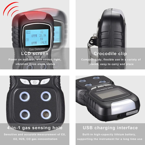Portable 4 In 1 Gas Detector Monitor With Digital LCD Display Rechargeable Gas Meter Tester Analyzer Four Alarm Modes Voice Sound Light Vibration Alarm Compact Black showing LCD, crocodile clip, gas sensing hole, USB charging