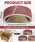 Heavy Duty 36 Pack 4X24 Sanding Belts Aluminum Oxide Abrasive Strips Assorted Grits 80 120 150 displayed next to packaging.