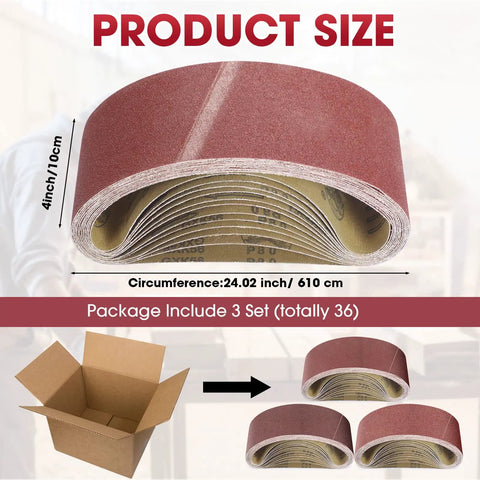 Heavy Duty 36 Pack 4X24 Sanding Belts Aluminum Oxide Abrasive Strips Assorted Grits 80 120 150 displayed next to packaging.