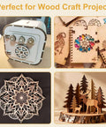 Basswood sheets 12x18x1/8 in; front view of a small wooden safe-like box with dials
Basswood sheets 12x18x1/8 in; top-right shows stacked laser-cut wooden ornaments and panels
Basswood sheets 12x18x1/8 in; bottom-left intricate circular mandala wood cutout
Basswood sheets 12x18x1/8 in; bottom-right woodland scene with trees and deer on a log slice