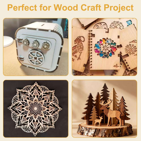 Basswood sheets 12x18x1/8 in; front view of a small wooden safe-like box with dials
Basswood sheets 12x18x1/8 in; top-right shows stacked laser-cut wooden ornaments and panels
Basswood sheets 12x18x1/8 in; bottom-left intricate circular mandala wood cutout
Basswood sheets 12x18x1/8 in; bottom-right woodland scene with trees and deer on a log slice