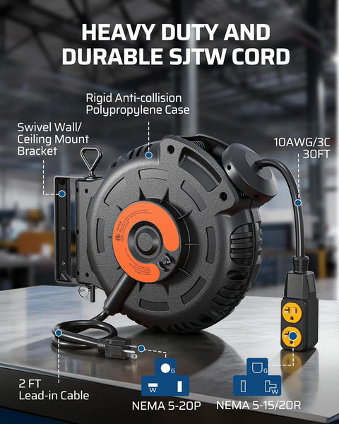 Heavy duty retractable extension cord reel with NEMA plugs and swiveling wall mount bracket in an industrial setting.