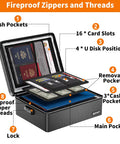 Open Beefy Fireproof Document Box Hard Case With Fireproof Zipper And Lock; mesh pockets, card slots, black exterior.