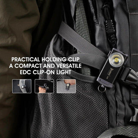 G2 Mini LED Flashlight Keychain, 500 Lumens Rechargeable Pocket Light clipped to backpack for hiking