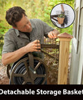 Man attaching detachable basket to Single Arm Garden Hose Reel With 360 Degree Rotation Holds 125 Feet Of Five Eighths Inch Hose.
