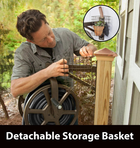 Man attaching detachable basket to Single Arm Garden Hose Reel With 360 Degree Rotation Holds 125 Feet Of Five Eighths Inch Hose.