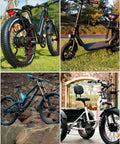 Collage of electric bikes and scooters on paths and grass, showcasing different models with various designs and features.