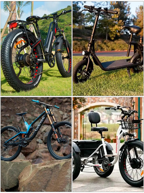 Collage of electric bikes and scooters on paths and grass, showcasing different models with various designs and features.