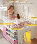 Low Loft Bed With Desk And Six Storage Drawers For Kids Space Saving Twin Loft Bed With Bookshelf LED Lights Under Bed Play Space Guardrail 13.8 Inches Inclined Ladder And Play Curtain Pink And White shown from side view.