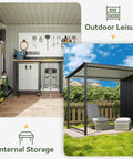 Two In One Outdoor Storage Shed And Gazebo Combo With Heavy Duty Metal Frame, Six By Four Ft Storage Shed Plus Twelve By Four Ft Open Sided Pergola showing internal storage and outdoor leisure area