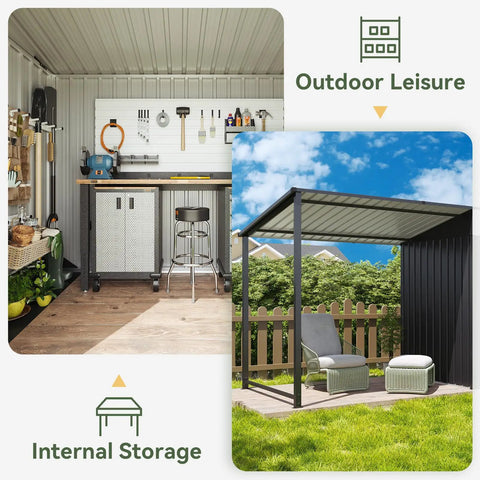 Two In One Outdoor Storage Shed And Gazebo Combo With Heavy Duty Metal Frame, Six By Four Ft Storage Shed Plus Twelve By Four Ft Open Sided Pergola showing internal storage and outdoor leisure area