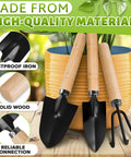 Mini 3 Piece Garden Tool Set With Trowel Shovel And Hand Rake For Indoor Plants Rust Resistant Iron And Solid Wood Handles