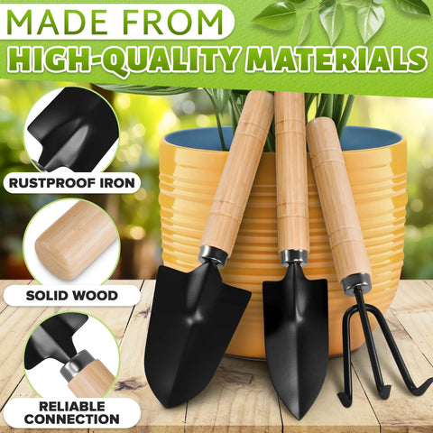 Mini 3 Piece Garden Tool Set With Trowel Shovel And Hand Rake For Indoor Plants Rust Resistant Iron And Solid Wood Handles