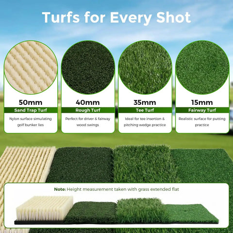 4 In 1 Foldable Heavy Duty Golf Hitting Mat With Sand And Tee Turf, displaying 50mm, 40mm, 35mm, and 15mm turf heights.