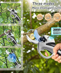 Heavy Duty Cordless Electric Pruning Shears With Telescopic Pole And Lcd Display 21 Volt Dual Battery Kit Sk7 Steel Blades cutting branches with three mode settings.