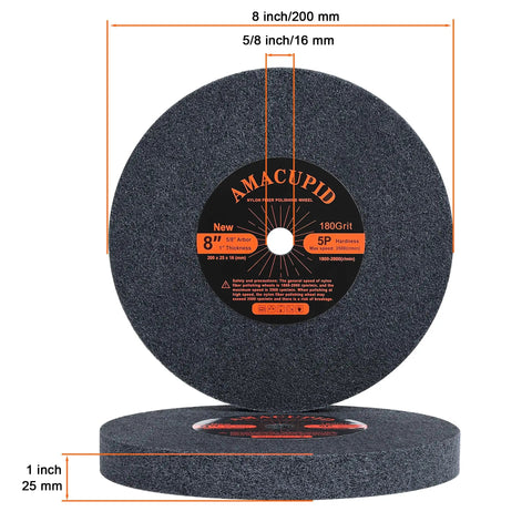 Heavy Duty 8 Inch Nylon Fiber Buffing Wheels Slick Metal Polishing Pads 180 Grit with 5/8 Inch Arbor and 1 Inch Thickness.