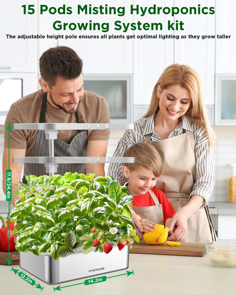 Plug In And Grow Indoor Hydroponics Garden System With Full Spectrum 24W LED Grow Light For Vegetables And Herbs, 15 Pod Germination Kit, Quiet Pump, No Fuss Setup, Great Gift For Home Gardeners