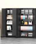 72 Inch Black Steel Locking Cabinet With Doors And 4 Adjustable Shelves, heavy duty garage storage locker for office