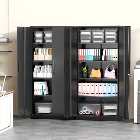 72 Inch Black Steel Locking Cabinet With Doors And 4 Adjustable Shelves, heavy duty garage storage locker for office