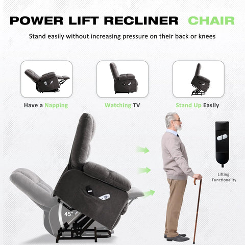 Power Lift Recliner With Massage And Heat For Seniors, Electric Lift Chair With USB Charging, grey recliner in lift position.