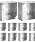 Front view of Heavy Duty 4 By 4 Welded Metal Electrical Junction Box Ten Pack With Two And One Eighth Inch Depth Thirty Point Three Cu In Capacity Sixteen Knockouts Including Ten Half Inch And Six Three Quarter Inch Grounded Galvanized Steel Utility Box Enclosure.