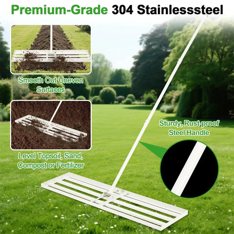 48 By 12 Inch Lawn Leveling Rake, Heavy Duty Galvanized Steel Lawn Leveler With Adjustable 78 Inch Extra Long Handle, Ideal For Yard, Backyard, Garden, Golf Course, Farm And Pasture, Six Point Five Feet on grass with smooth surface demonstration