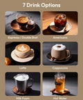 7 drink options including espresso, americanos, lattes, cappuccinos, milk foam, and hot water for Fully Automatic Espresso Machine With Built In Grinder And One Touch Milk Frother Dishing Out Top Shelf Lattes And Bold Espressos Pure Morning Convenience.