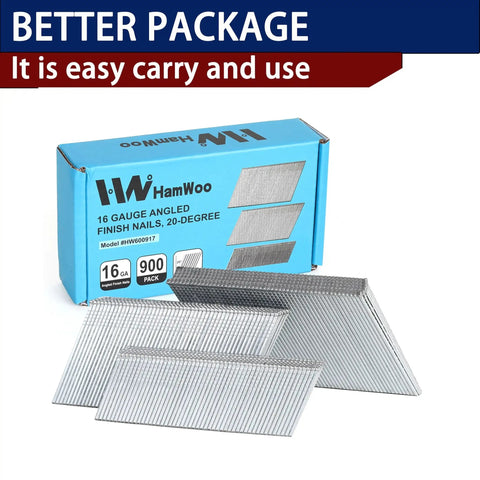 Pro Grade 16 Gauge 20 Degree Finish Nails 900 Piece Assortment Kit with angled chisel tips in a compact box.