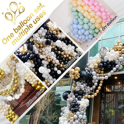Metallic Chrome 6 Inch Quick Link Balloons Set Of 60 For Easy Link Balloon Garland Wall Arch Perfect For A Dope Wedding Birthday Baby Shower Engagement Graduation Party Decor displayed in various setups like garlands and chains.