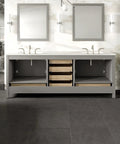 Kickstart Your Reno With This Legit 84 Inch Gray Double Sink Bathroom Vanity Featuring A Genuine White Carrara Top And Solid Wood Construction Plus Premium Brushed Nickel Hardware, showcasing open storage and soft close drawers.