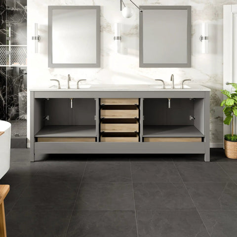 Kickstart Your Reno With This Legit 84 Inch Gray Double Sink Bathroom Vanity Featuring A Genuine White Carrara Top And Solid Wood Construction Plus Premium Brushed Nickel Hardware, showcasing open storage and soft close drawers.