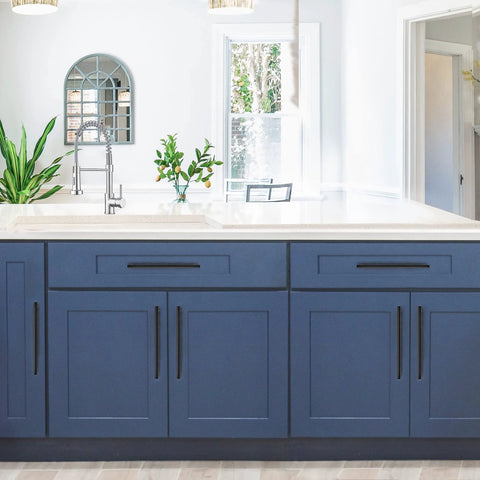 Blue kitchen with Matte Black 10 Inch Cabinet Handles Set For Kitchen Cabinets Stainless Steel Drawer Pulls on cabinet doors.
