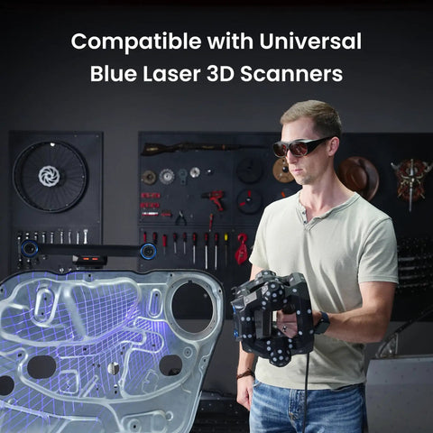 Heavy Duty OD5 Blue Laser Filter Safety Glasses For Precision 3D Scanning With Sick Eye Protection And Crystal Clear Ultraviolet Shielding For Hobbyists worn by man using 3D scanner.