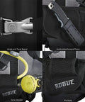 Close-up of Rogue Dive BCD gear showing GripLock tank band, knife attachment, octo holder, and pockets with logo detailing