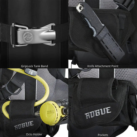 Close-up of Rogue Dive BCD gear showing GripLock tank band, knife attachment, octo holder, and pockets with logo detailing