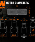 Diagram showing 1.25-Inch By 10-Foot Dust Hose Kit With Fittings And Reducers For Power Tools dimensions and connectors