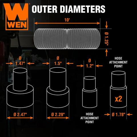 Diagram showing 1.25-Inch By 10-Foot Dust Hose Kit With Fittings And Reducers For Power Tools dimensions and connectors